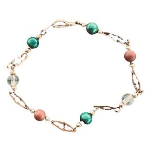 Delicate Multicolored coral, green and crystal bead and chain womens bracelet.